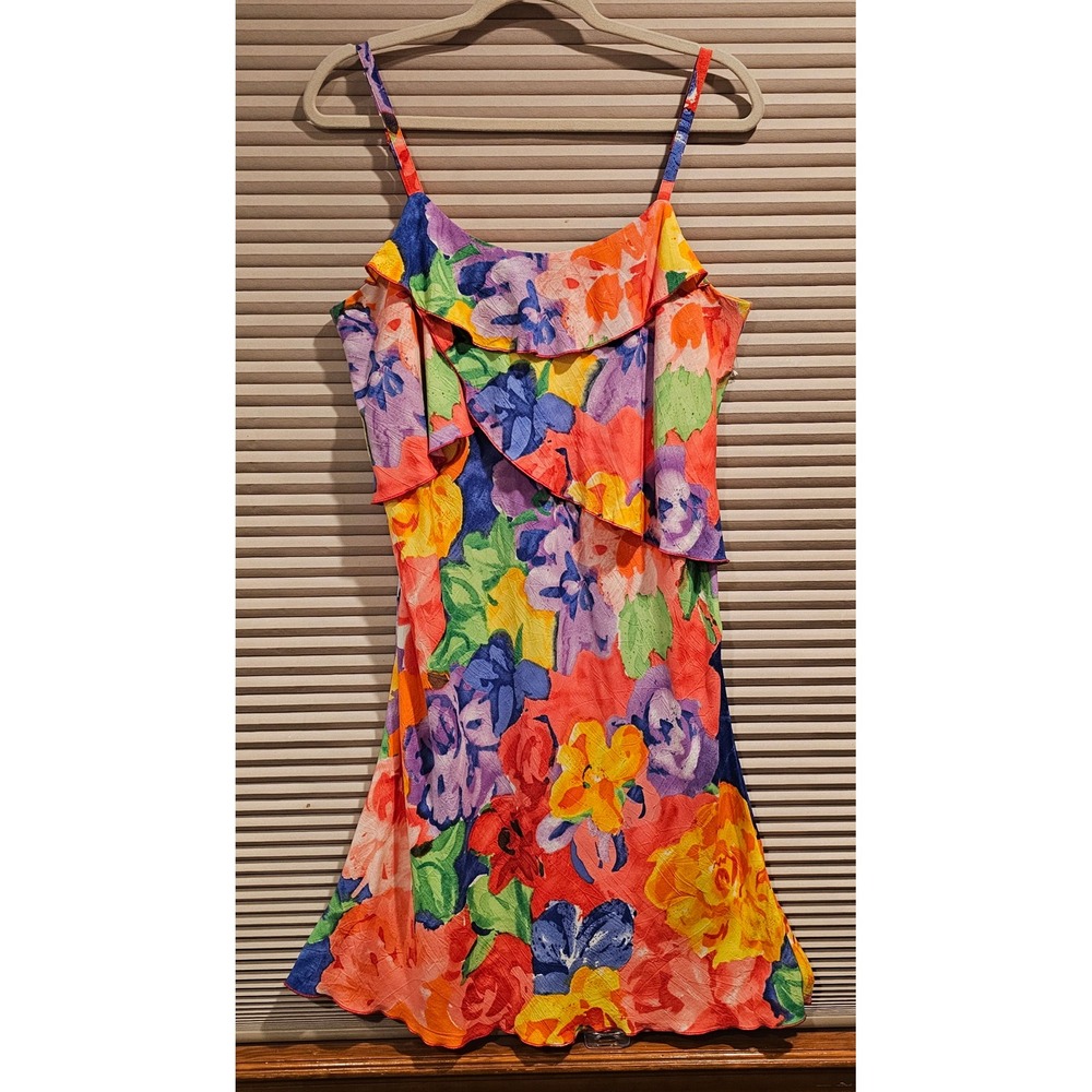 Jams World Splendor Floral Mini Dress Multi Color Ruffle Rayon Made in Hawaii L
